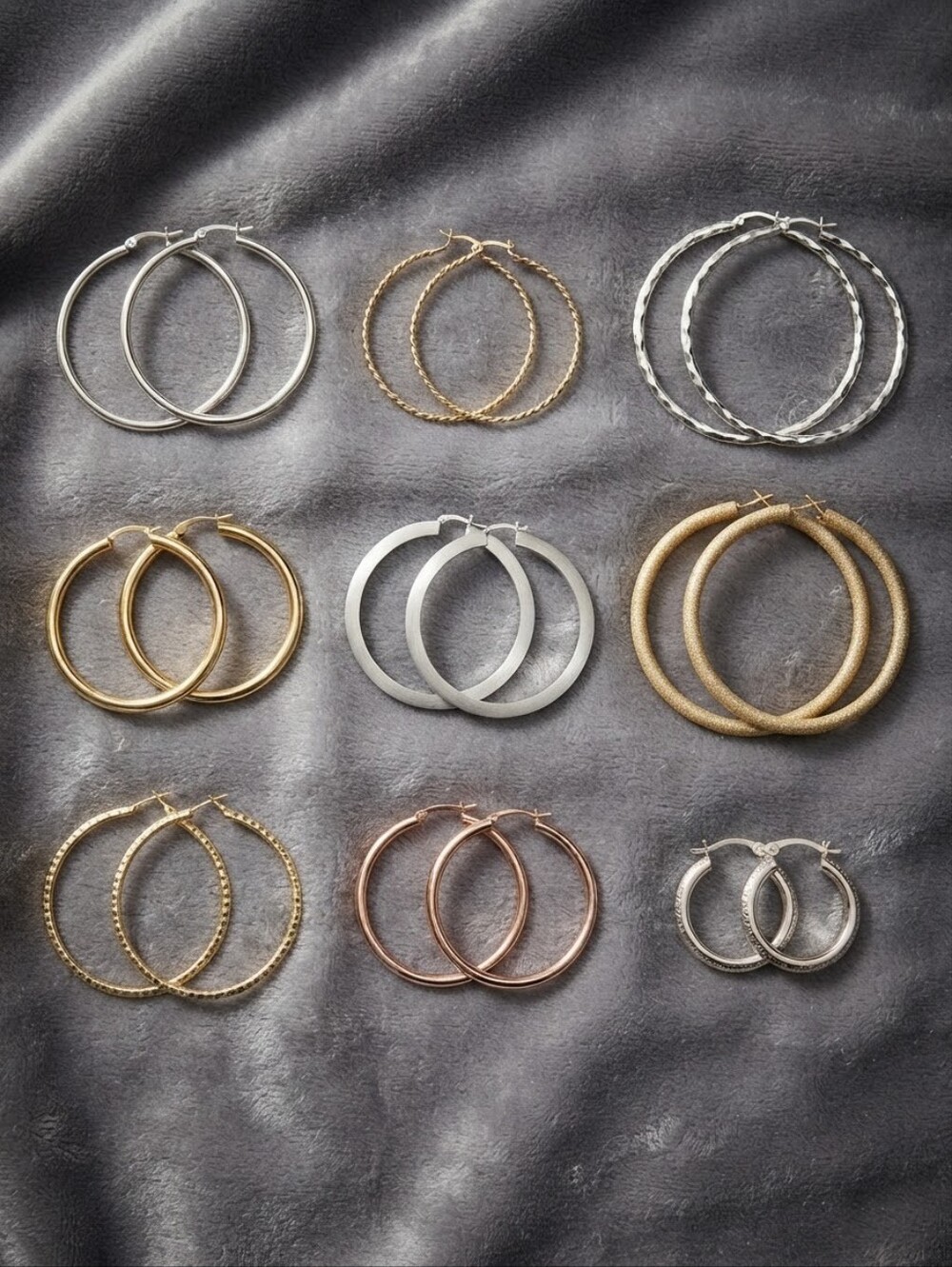 ​9-Pair Mixed Metal Hoop Earring Bundle - Gold, Silver & Rose Gold Styles CC